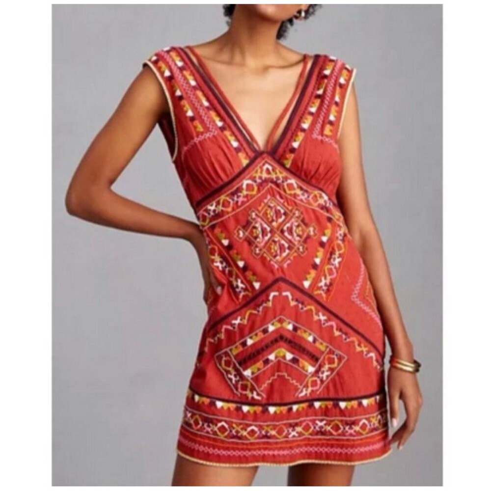 Anthropologie Women Small Embroidered Statement Dress Coverup V-Neck  Boho NEW